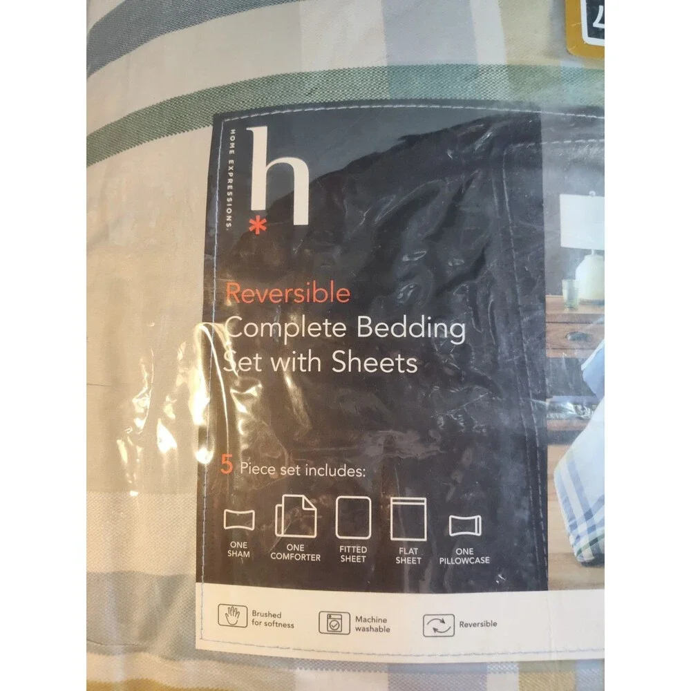 Reversible NEW Bedding Set with Sheets and Comforter - Twin XL - Mercer Stripes